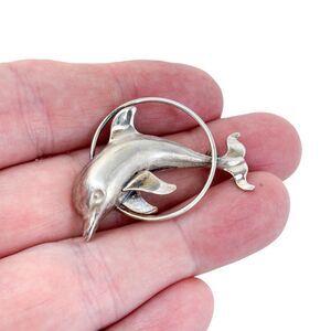 Vintage Beau Sterling Silver 925 Dolphin Jumping Through Hoop Brooch Pin